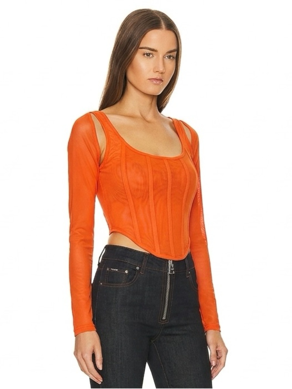 BY.DYLN Aria Orange Long Sleeve Mesh Boned Corset Top S
